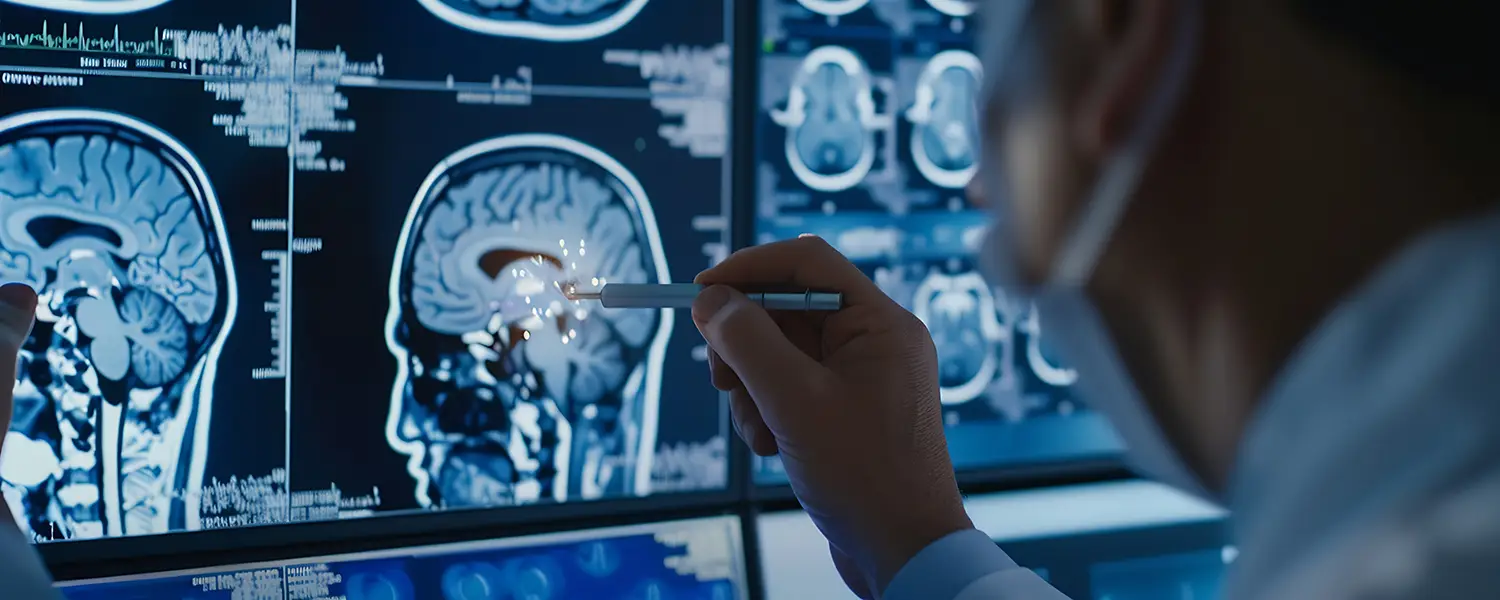 Stock image of doctor looking at brain scans